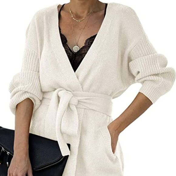 Womens Wrap Tie Waist Cardigan Sweater Long Sleeve Open Front Knitted Coat - Picture 3 of 9